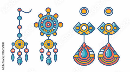Colorful illustrated set of earrings in a simple, geometric style. The designs include circles and tear drops