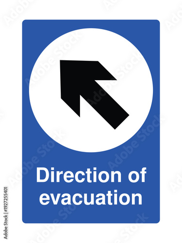 Direction of Evacuation Sign – Up Left Arrow Emergency Exit Symbol, Blue Safety Sign for Escape Route, Building Egress, Office, Mall, Hospital and Public Facility Wayfinding