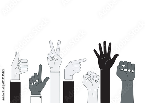 A diverse group of hands with different skin tones making various gestures including thumbs up, peace sign, and pointing.