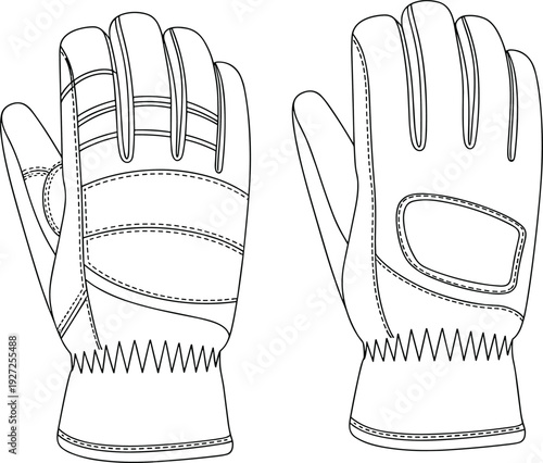 Detailed technical line drawing of protective sports gloves showing front and back views with padded fingers, stitched panels, reinforced cuffs, and durable construction for fashion and equipment use