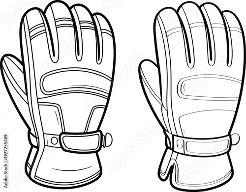Black and white technical illustration of winter sports gloves showing padded fingers, protective stitching, wrist strap with buckle, durable panel construction, and symmetrical design for 