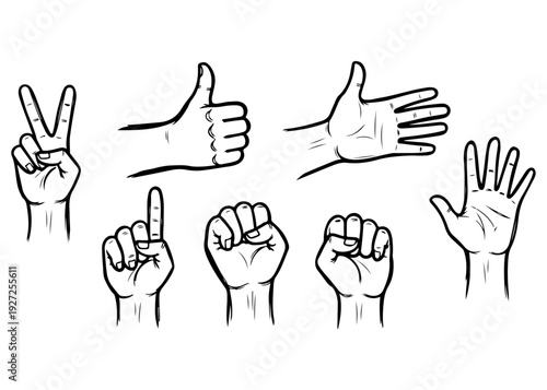 Collection of various hand gestures and signs in black and white line art style.