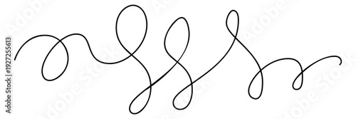 Vibrant black curved line squiggle on white background. Simple hand drawn brush stroke or tangled cable element for minimalist design and branding and creative tech concepts