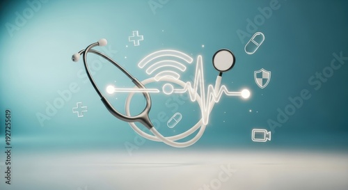 Luxury Telemedicine Concept with Minimalist Ceramic Stethoscope and Glowing Wi-Fi Heartbeat Pulse on Teal Macro Background