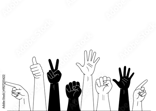 Diverse hands with various gestures symbolizing unity, protest, and support against a white background.