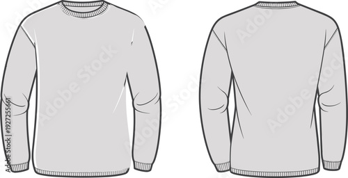 Technical flat sketch of long‑sleeve crew neck sweatshirt showing front and back views with ribbed cuffs, ribbed hem, ribbed neckline, seam lines, and structured garment design details