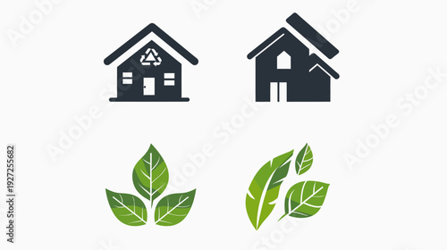 Graphic with houses and leaves, symbolizing eco-friendly initiatives and green living