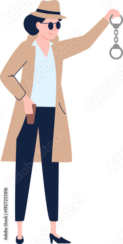 Handcuffs in woman detective hands. Crime punishment icon