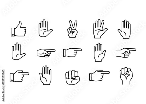 A collection of various hand gestures and signs depicted as black outline icons on a white background.