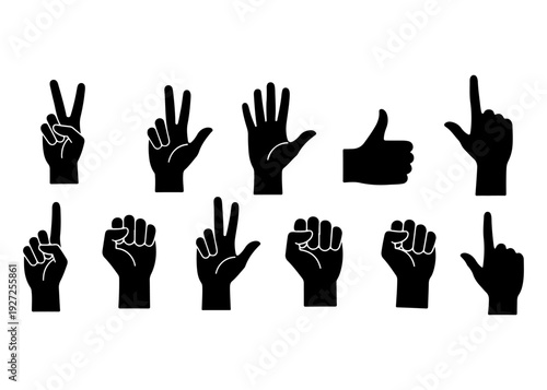 Black silhouette vector set of human hands showing different gestures and numbers for communication.