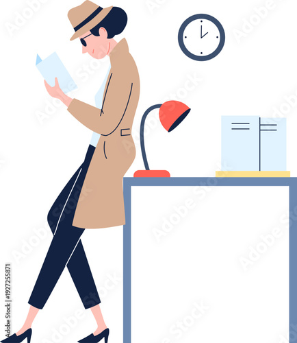 Mystery investigator female character. Woman read crime case