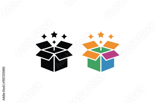 Black and White Gift Box Opening with Sparkles Icon