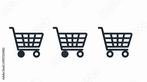 Three minimalist black shopping cart icons isolated on a white background. Front view