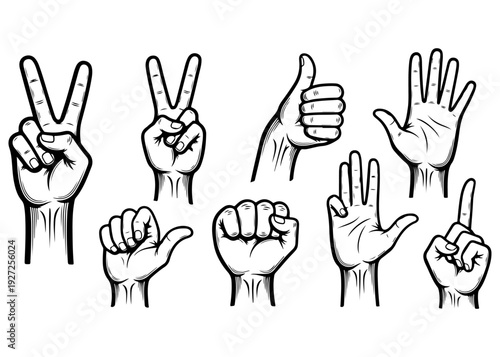 A collection of black and white line art illustrations depicting various human hand gestures, including peace signs, thumbs up, thumbs down, open palm, fist, and pointing finger.
