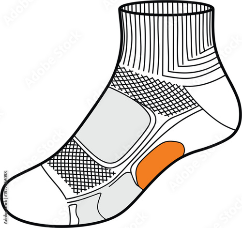 Technical illustration of athletic performance sock showing ribbed ankle sections, mesh textures, padded arch zone, reinforced design elements, and breathable construction for comfort, support, and 