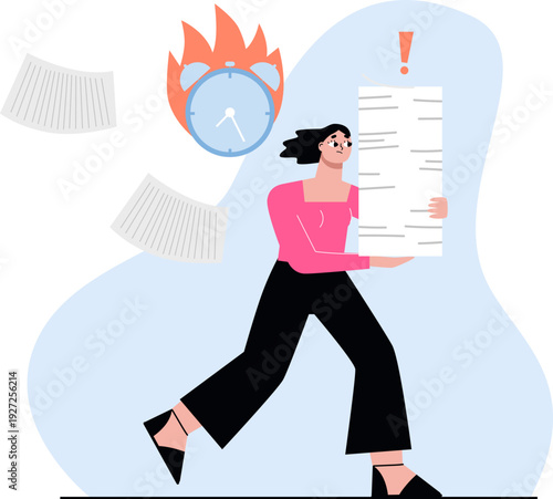 Paperwork deadline. Office female worker hurry with document pile