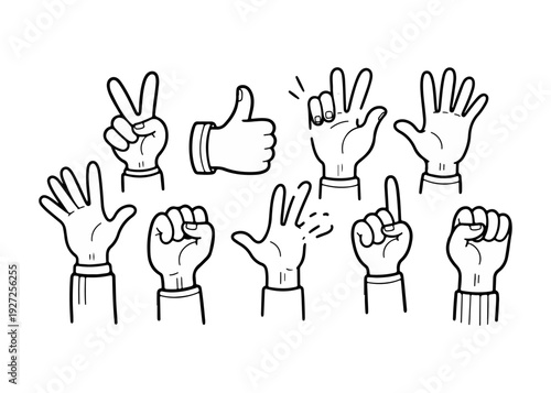 Set of doodle style hand gestures showing various signs like peace, thumbs up, open palm, and fist on a white background.