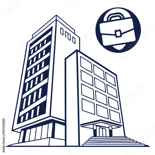 A blue and white drawing of a building with a briefcase icon