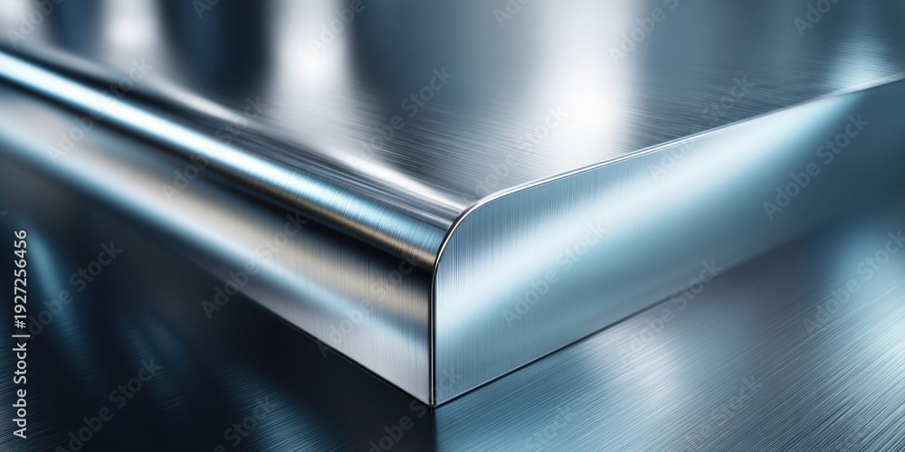 Naklejka premium Close-up of a polished brushed metal surface with a rounded edge and reflections