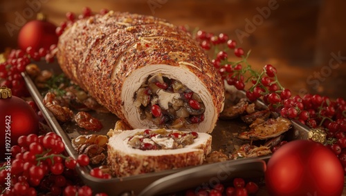 Chicken breast roulade with red currants, mushrooms, and onions on a roasting pan decorated with red accents