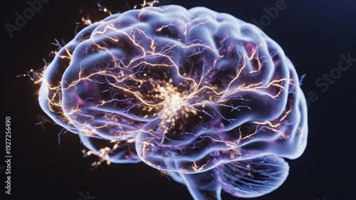 Glowing brain animations with electric sparks on black background