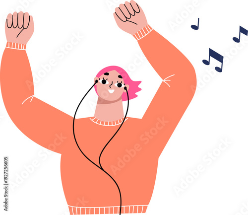 Joy dance. Happy girl listen music in headphones