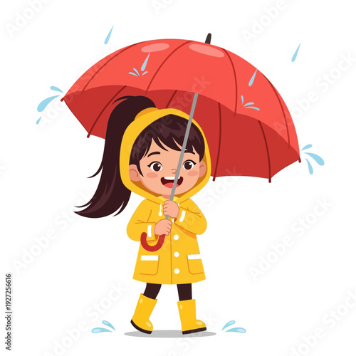 Cute girl in yellow raincoat holding red umbrella in rain