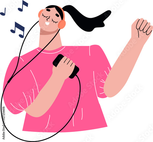 Listen music on smartphone concept. Happy girl enjoying and dance