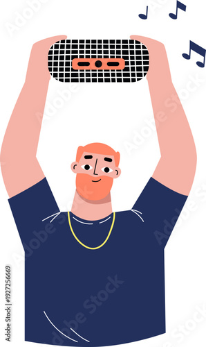 Smiling bearded guy listen mobile music speaker