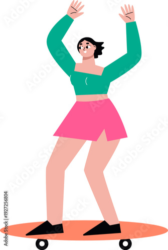 Happy woman on skateboard. Extreme street sport character