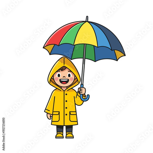 Happy child in yellow raincoat holding colorful umbrella, isolated on white, cartoon style