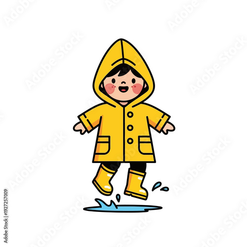 Happy Child in Yellow Raincoat Jumping in Puddle