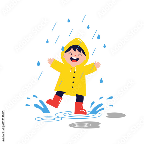 Happy child in yellow raincoat jumping in puddles on a rainy day
