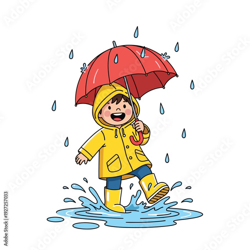 Happy child in yellow raincoat splashing in puddle with red umbrella under rain
