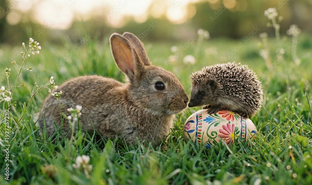Fototapeta premium Cute rabbit and hedgehog sniffing wooden easter egg in green grass nature photography