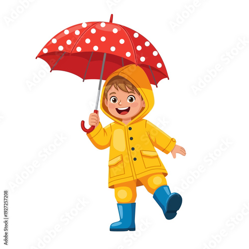 Joyful child in yellow raincoat and blue boots holding red polka dot umbrella