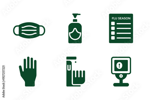 Green Icon Set Featuring Mask, Hand, and Bottle