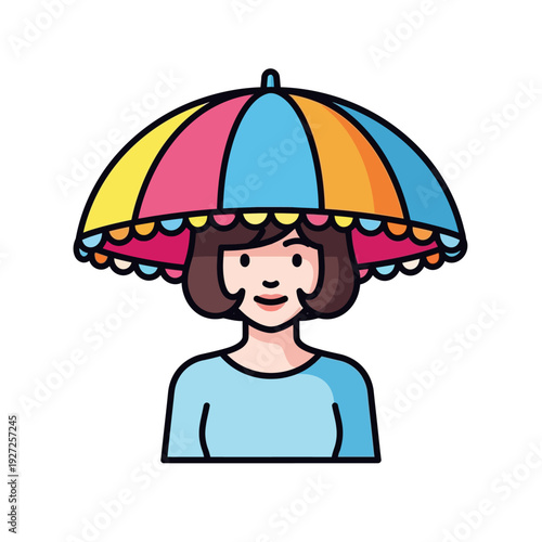 Joyful Woman with Colorful Umbrella Hat, Protection and Fun