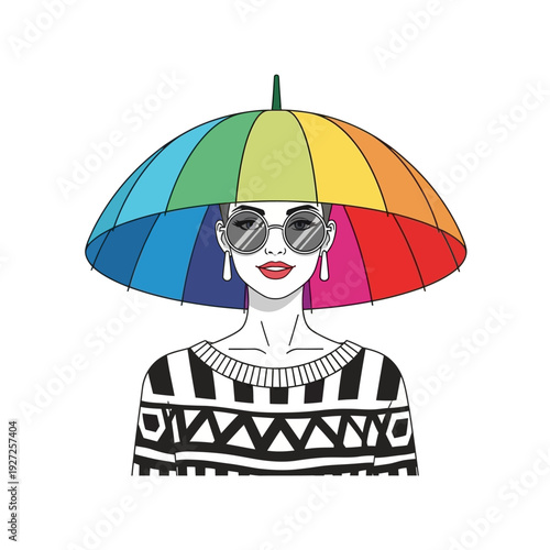 Woman with Rainbow Umbrella Hat, Sunglasses, and Striped Sweater