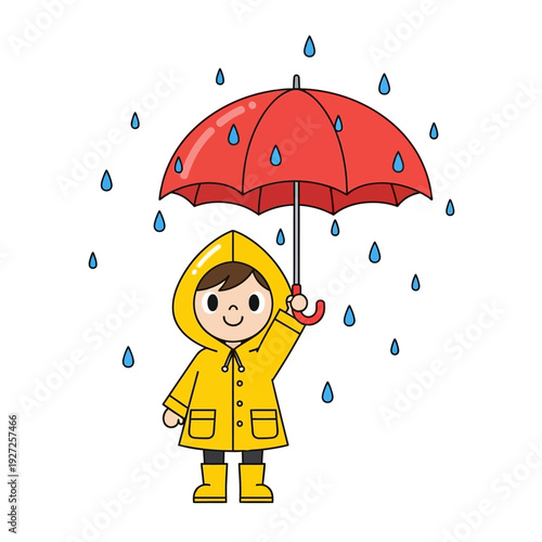Cheerful child in yellow raincoat holding red umbrella in the rain