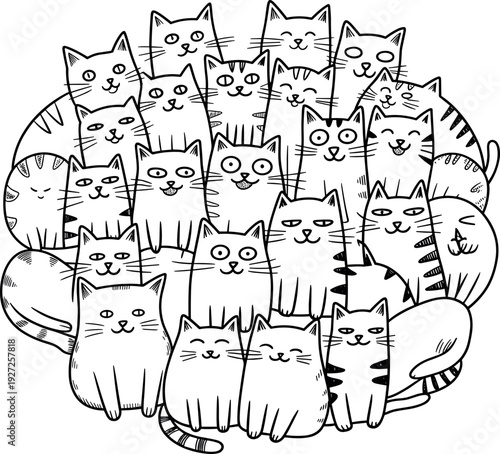 Hand drawn cute cats collection in black and white line art, funny kitten characters group illustration, coloring book page design isolated on white background