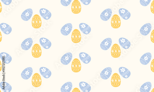 Easter pattern background with basket of Easter eggs and spring flowers, festive spring illustration