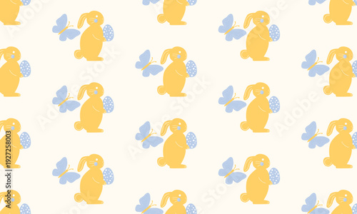 Easter pattern background with basket of Easter eggs, bunny, spring flowers and butterfly, cute seasonal design