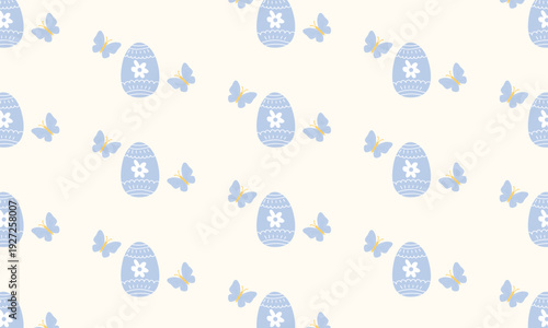Easter pattern background with decorated Easter eggs, spring flowers and butterflies, cute pastel holiday ornament