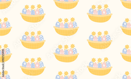 Easter pattern background with basket of Easter eggs and spring flowers, festive pastel holiday design