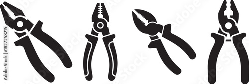 Set of four black silhouette pliers icons on white background, industrial tools