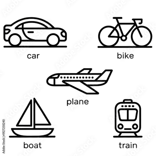 Vehicles on Land Air and Water isolated on transparent background.