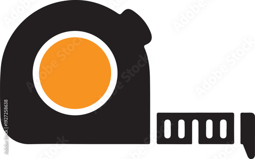Black and orange silhouette of a measuring tape tool on white background
