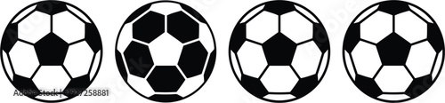 A set of four soccer balls with different black and white pentagon and hexagon patterns for sports and football-themed designs