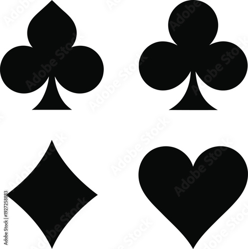 Four playing cards symbols representing clubs, clubs, diamonds, and hearts